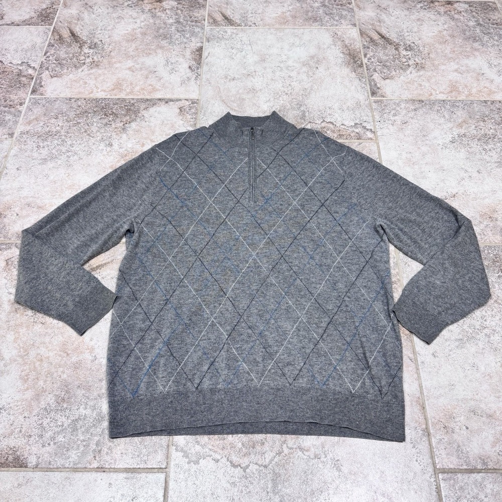 Brooks Brothers Mens Argyle Quarter Zip Sweater Heather Gray  Mock Neck Pullover